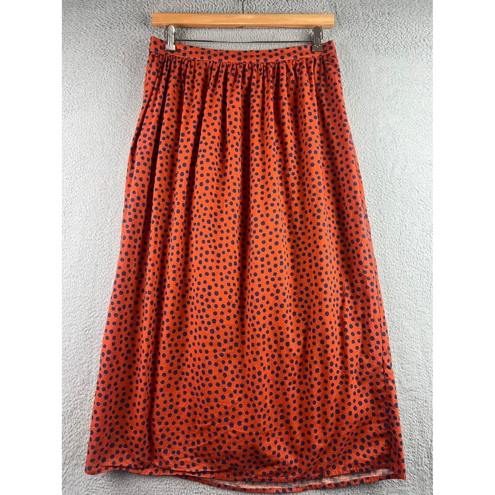 Gudrun Sjoden Orange Blue Polka Dot Midi Skirt Pockets L Boho Gathered A-Line